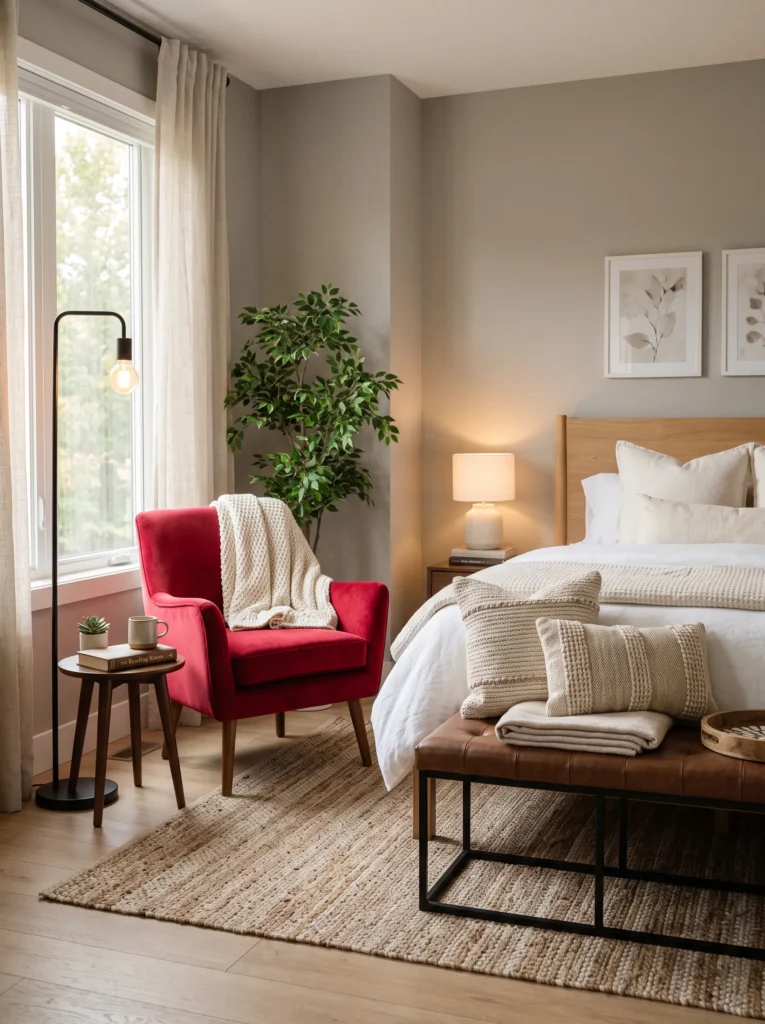 Cherry red velvet accent chair in a warm grey bedroom corner
