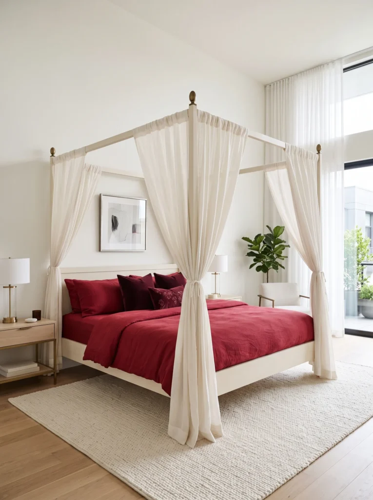 Cream four-poster canopy bed with cherry red bedding and merlot pillows