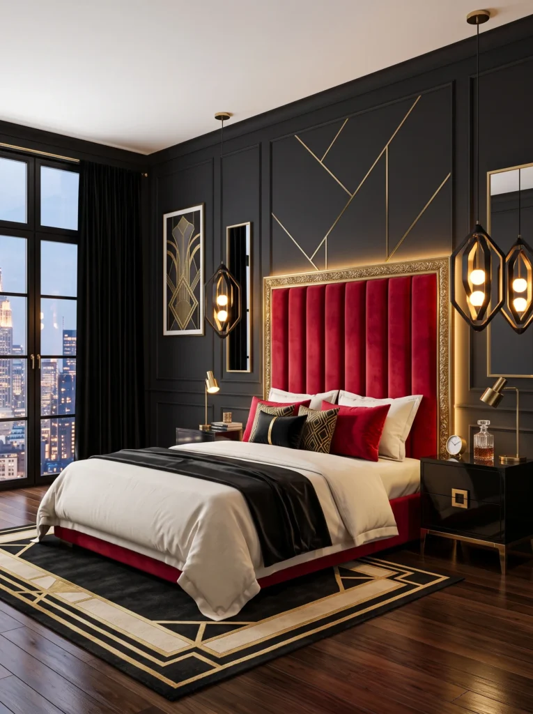 Channel-tufted cherry red velvet headboard with gold art deco trim