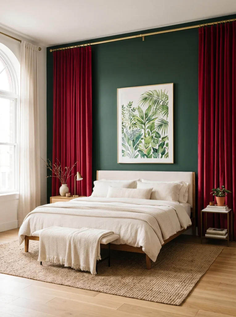 Floor-to-ceiling cherry red velvet drapes against a forest green wall