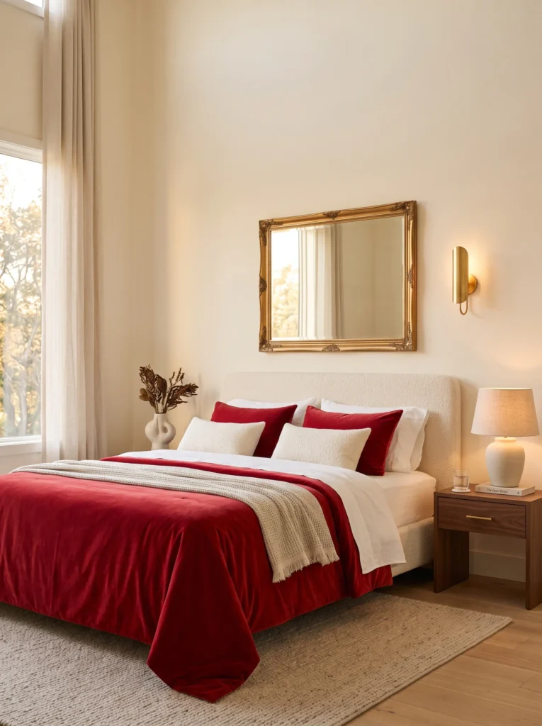 Cherry red velvet bedding on an ivory boucle headboard with gold accents