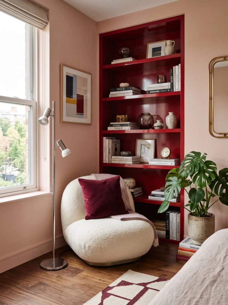glossy cherry red reading nook with styled bookshelf and chrome lamp in a small bedroom