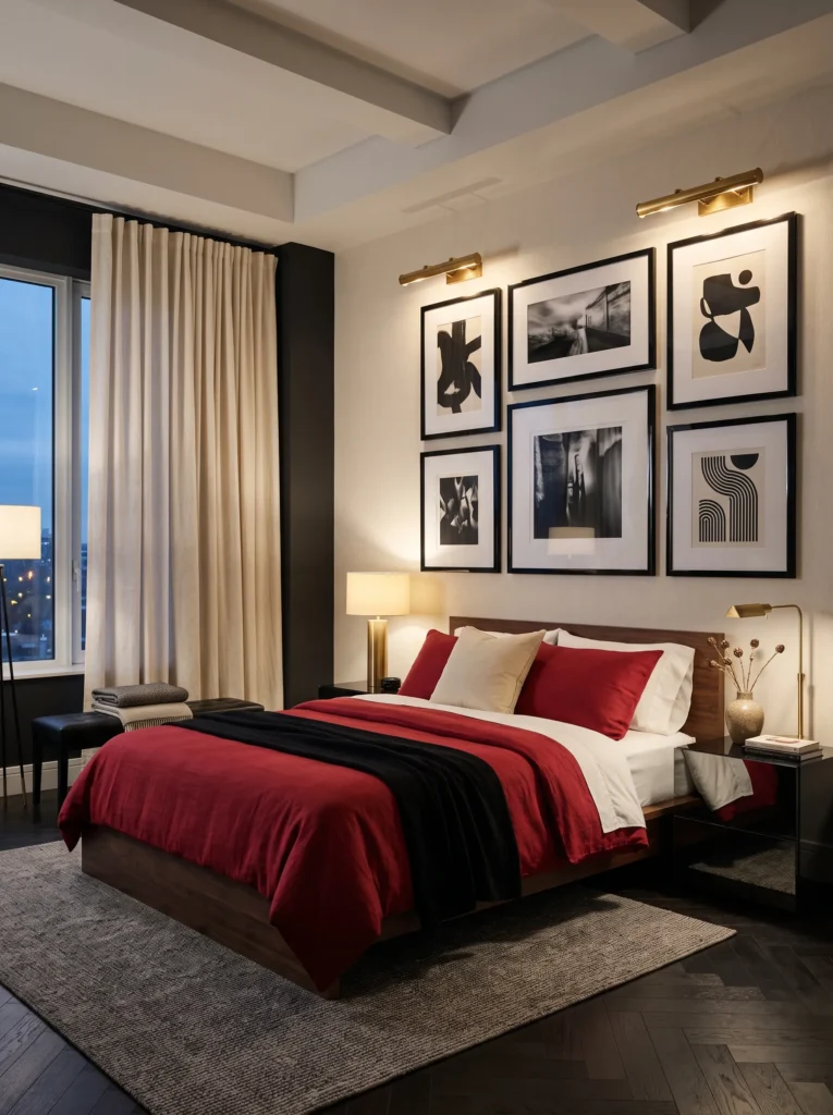 Cherry red bedding with a black-and-cream gallery wall behind it