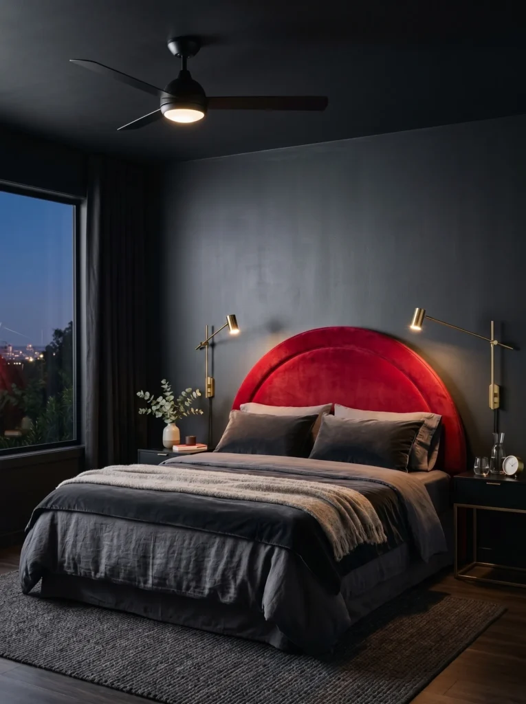 Curved cherry red velvet headboard against a charcoal accent wall