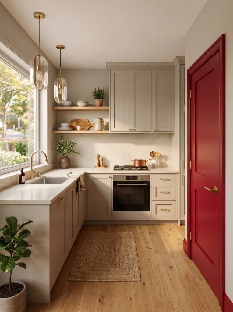 Compact kitchen with bold cherry red pantry door and trim, greige cabinetry, and brushed brass hardware.
