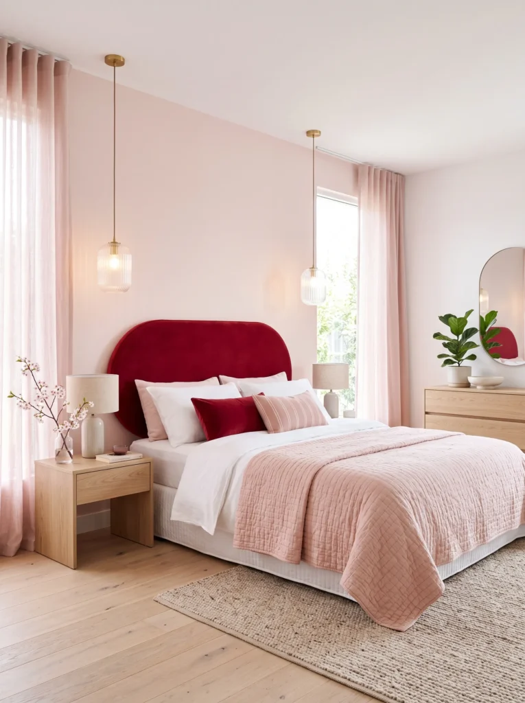 Oval cherry red headboard against soft blush pink bedroom walls