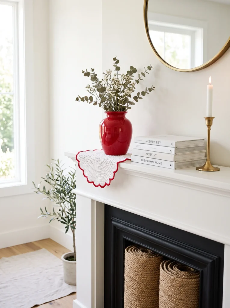 Rolled jute mat lining a fireplace firebox beneath a red ceramic vase