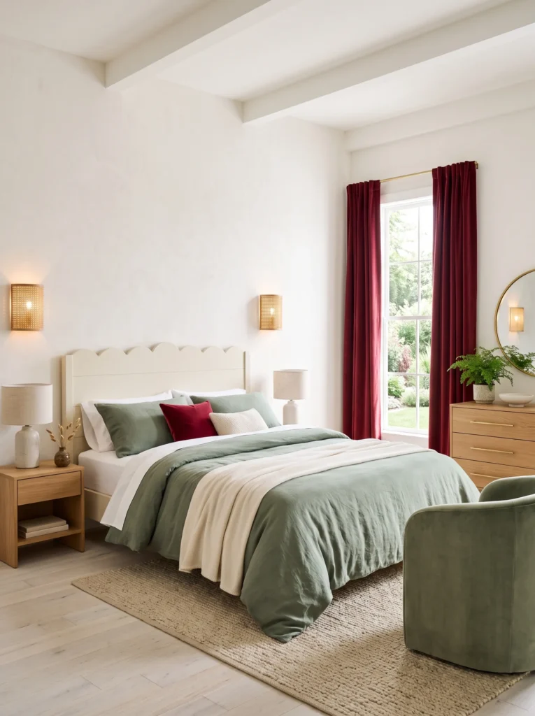  Scalloped cream headboard with cherry red drapery and sage bedding