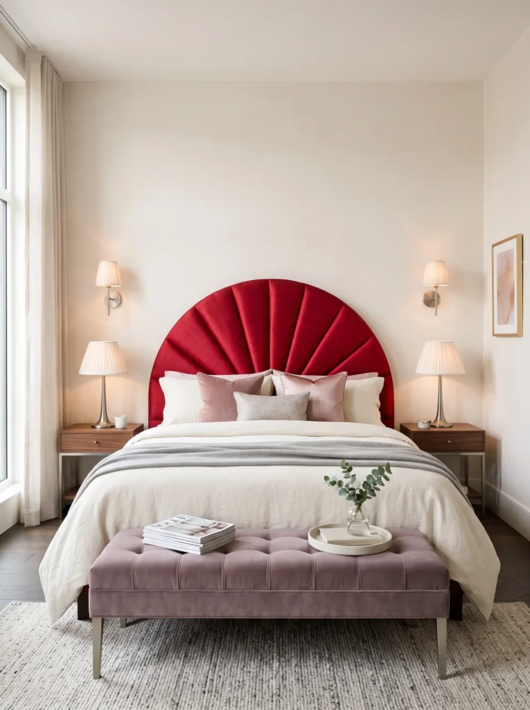 Fan-shaped cherry red silk headboard with a dusty mauve velvet bench