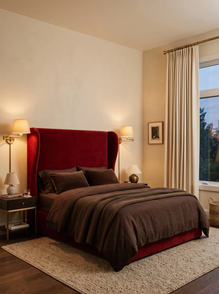 Tall wingback cherry red headboard with chocolate brown bedding