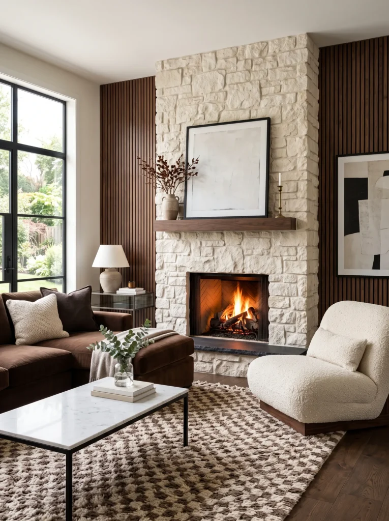 creamy stacked stone fireplace with chocolate-brown velvet sofa