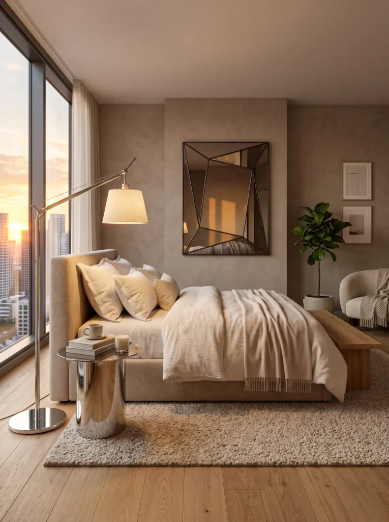 smoked mirror artwork and chrome accents in a modern editorial bedroom
