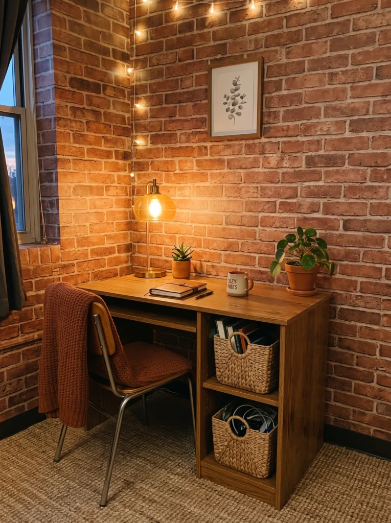  Dorm wall covered in terracotta peel-and-stick brick wallpaper with wooden desk and woven baskets — small dorm room ideas.