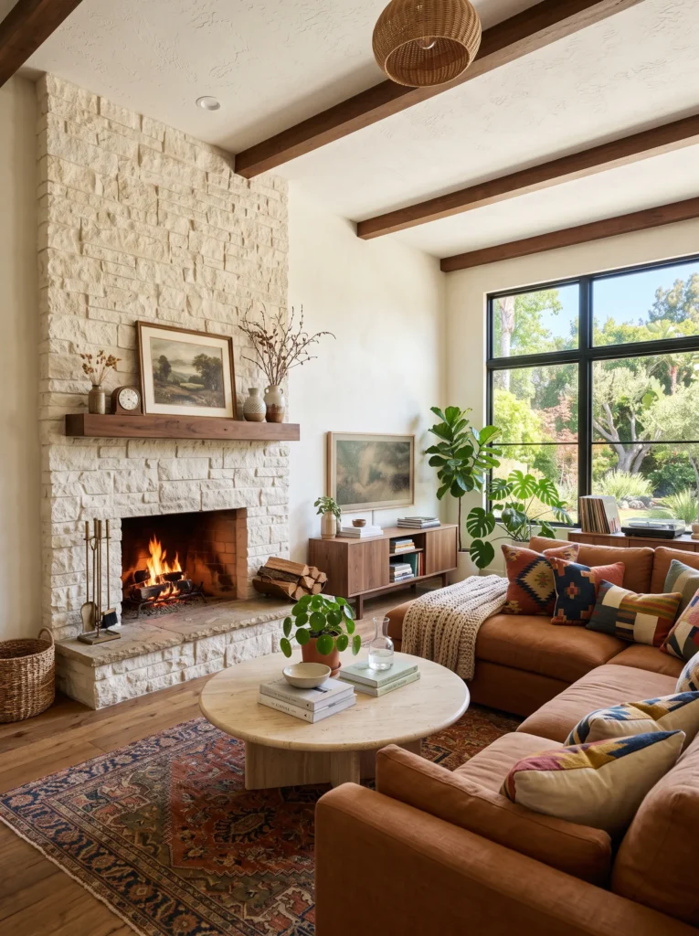cinnamon linen sectional in front of a cream stacked-stone fireplace