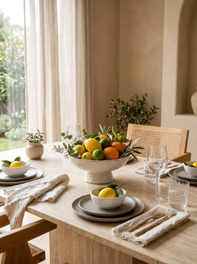 Citrus grove tablescape with blood oranges, lemons, and terracotta dining chairs