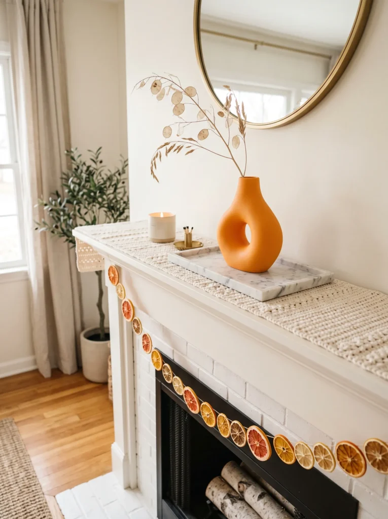 Dried citrus slices draped across a fireplace firebox opening"