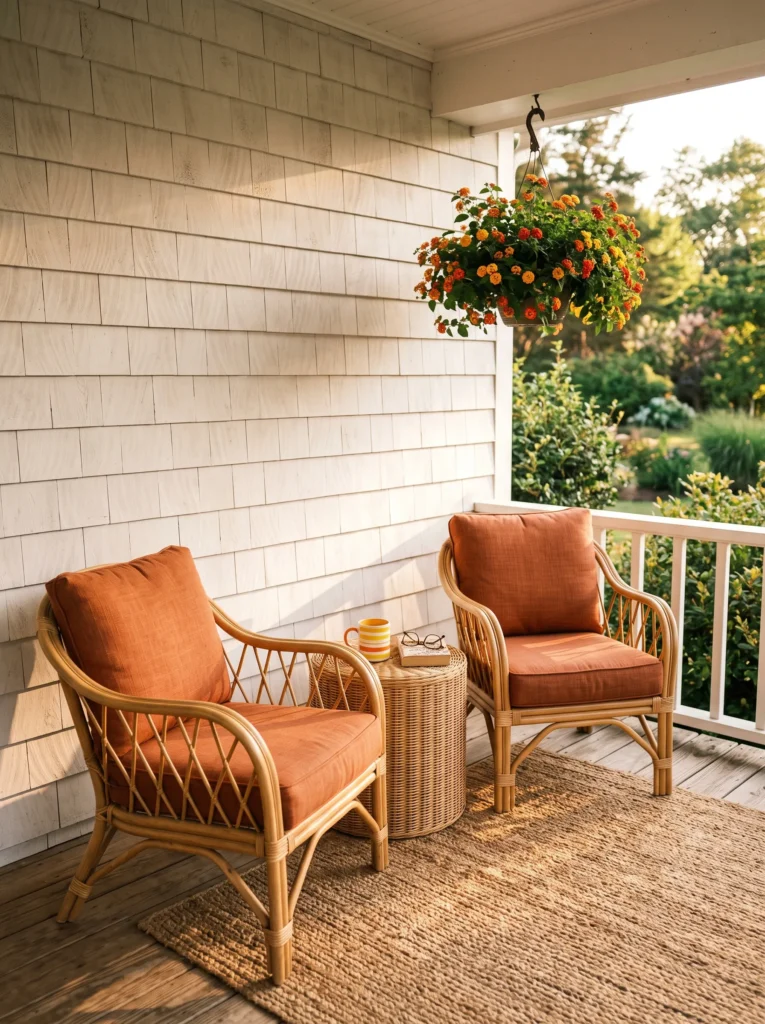 Ochre and cream summer front porch corner with rattan chairs and a citrus crate table