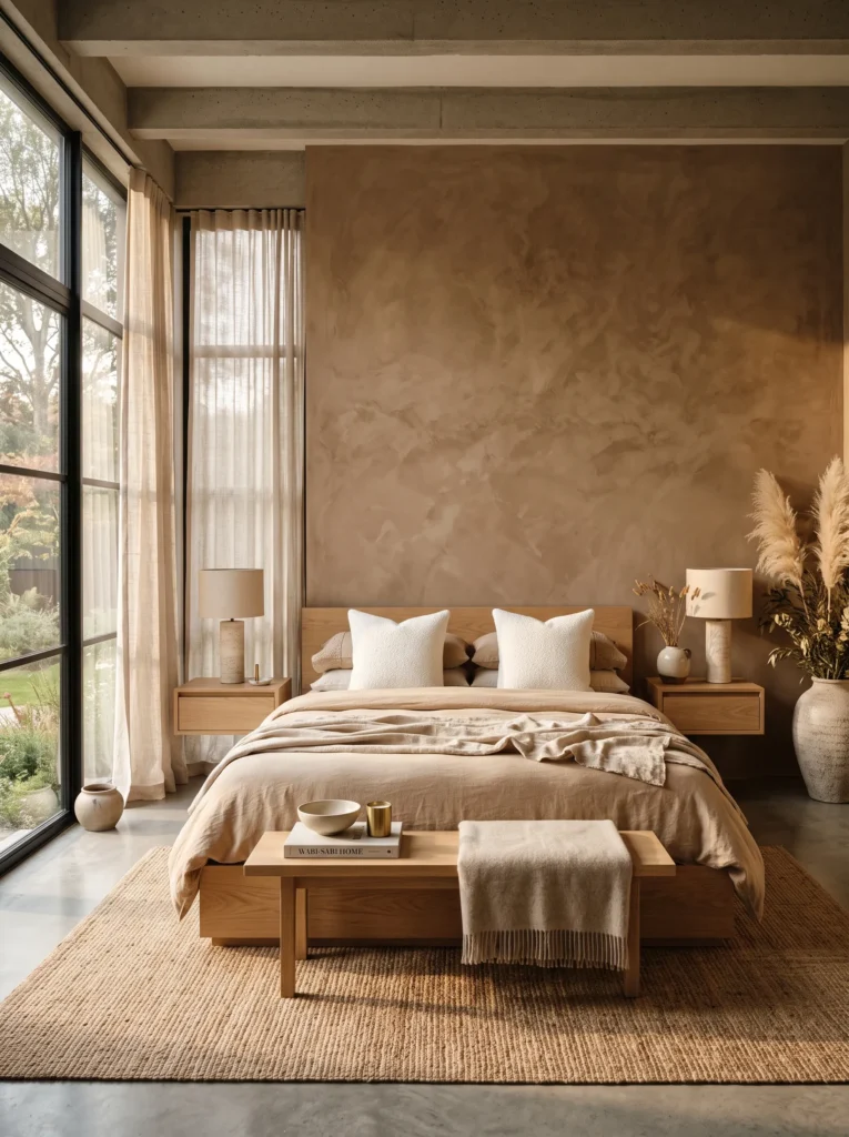 Clay-colored limewash accent wall behind a wooden platform bed