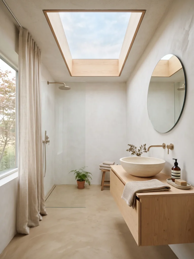  rectangular skylight lighting a cloud white Japandi bathroom