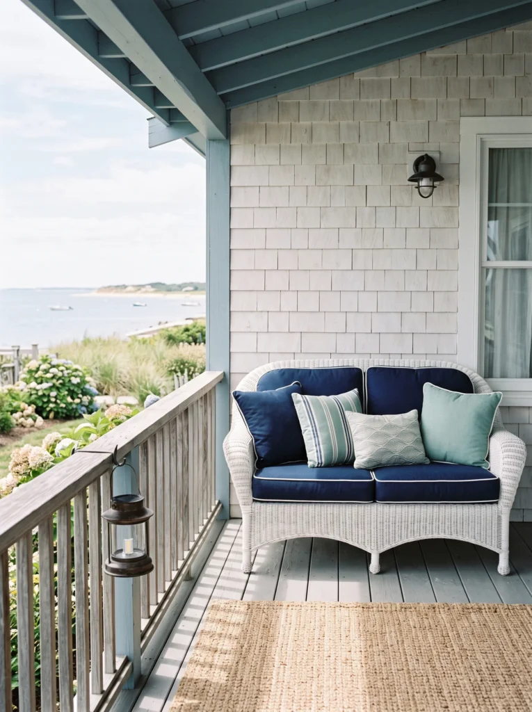 White wicker porch loveseat with navy and seafoam cushions