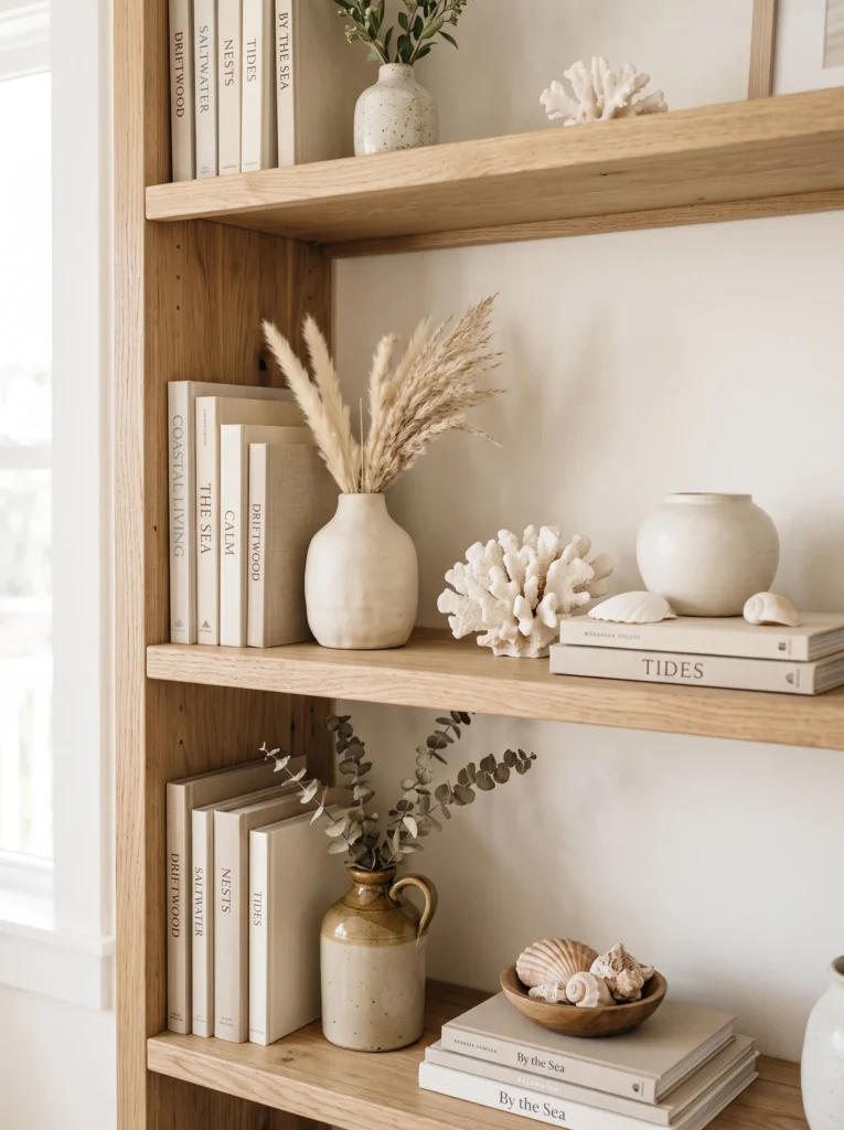  Styled coastal bookshelf with neutral books and ceramic vase accents