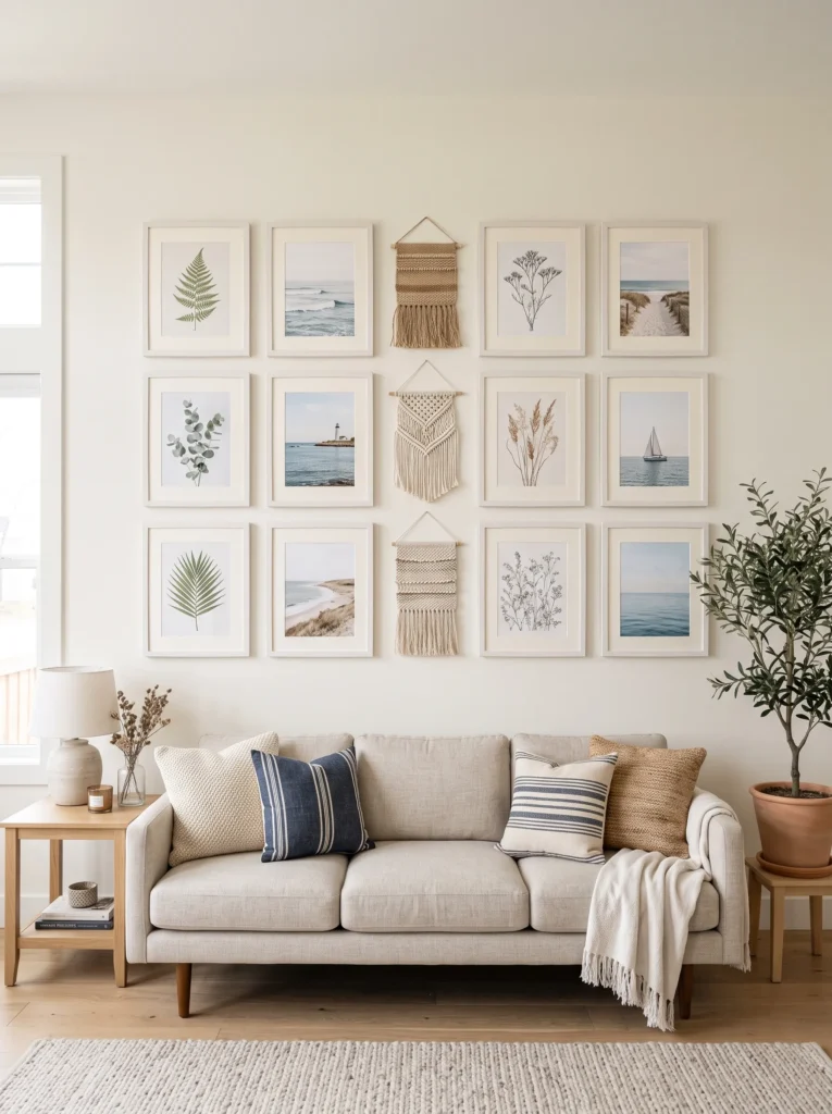 Curated coastal gallery wall with framed botanical and ocean prints