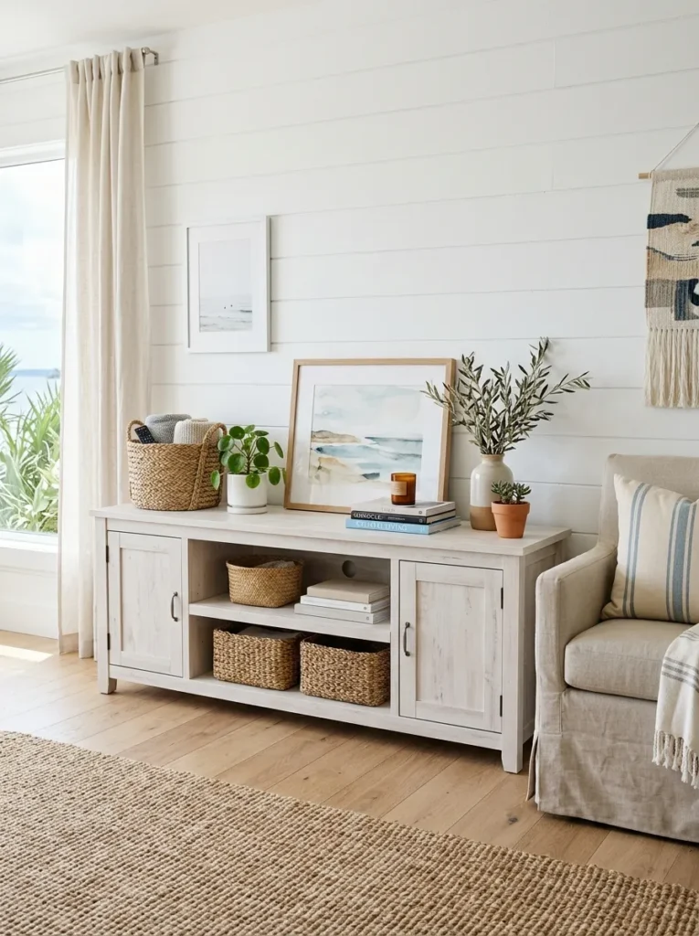 Whitewashed media console styled with woven baskets and greenery