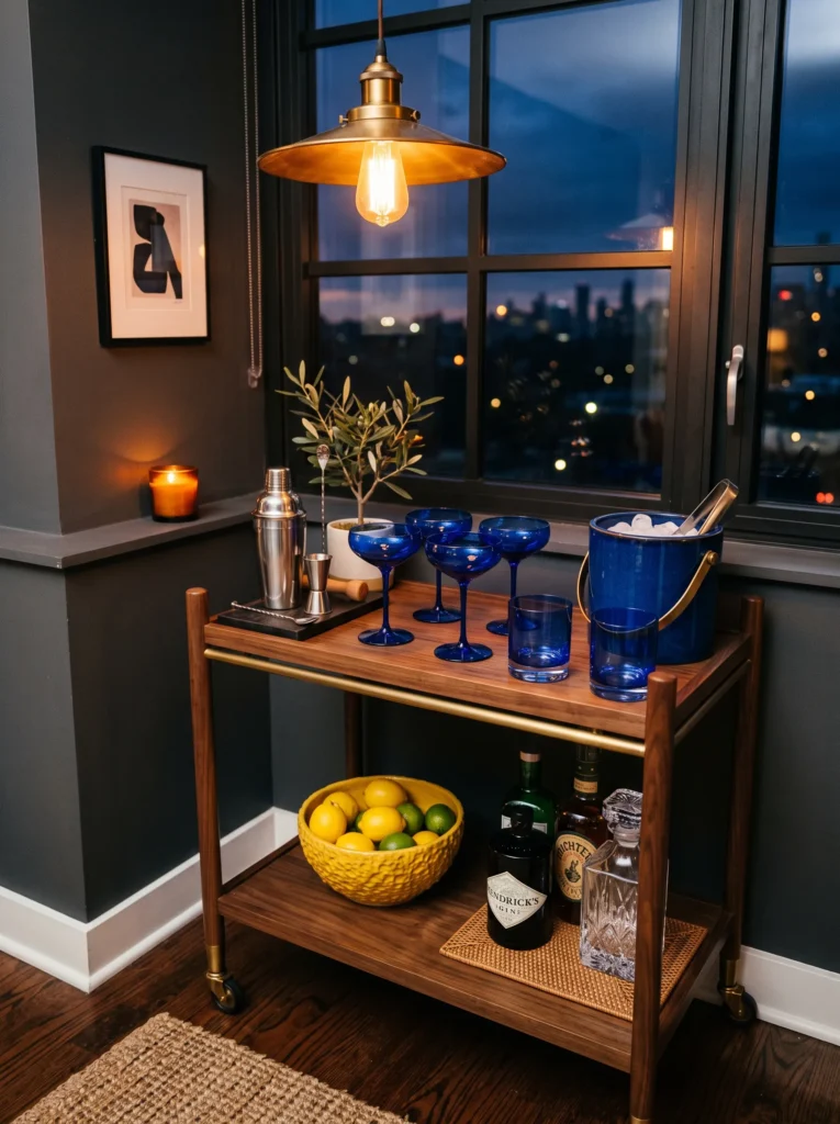 Cobalt blue glassware styled on a bar cart, a bold summer decorations for home color idea.