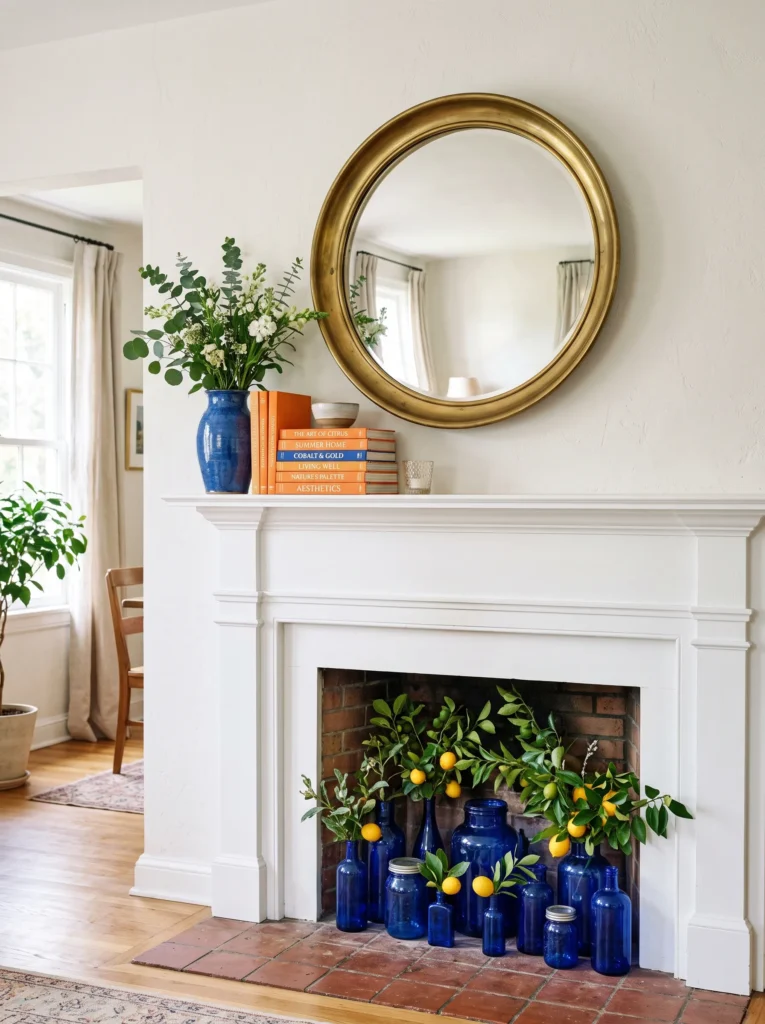 Cobalt glass bottles with citrus branches filling an empty fireplace firebox