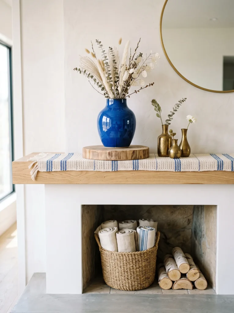 Woven basket with rolled linens filling a mantel firebox