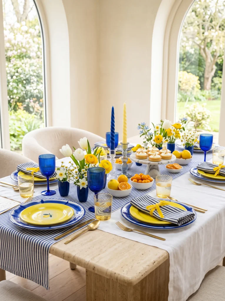 Cobalt blue ceramic table setting with fresh lemons and yellow ranunculus