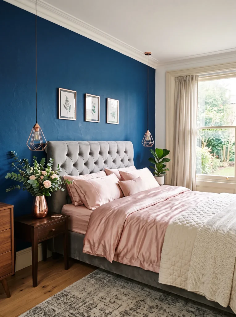 Cobalt blue bedroom wall with blush silk bedding and a rose gold pendant