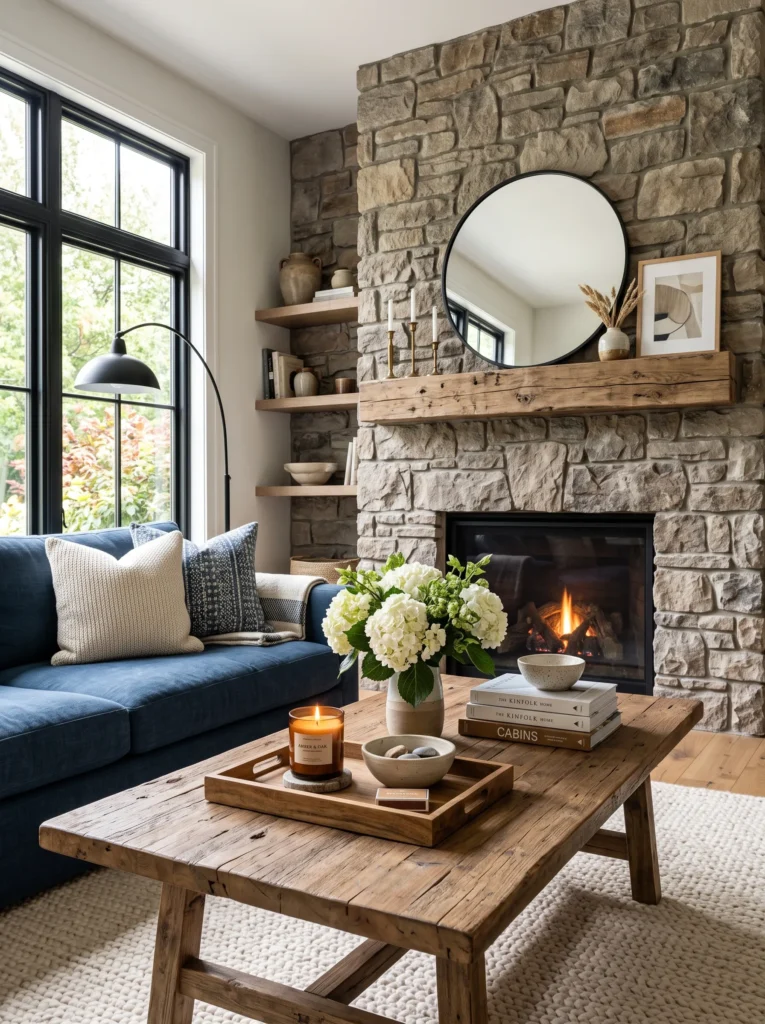 reclaimed wood coffee table styled in front of a natural stone fireplace