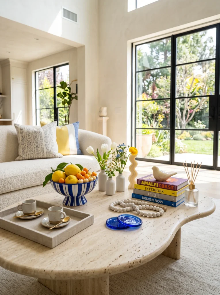 Coffee table styled with cobalt ceramics, fresh lemons and stacked fashion books