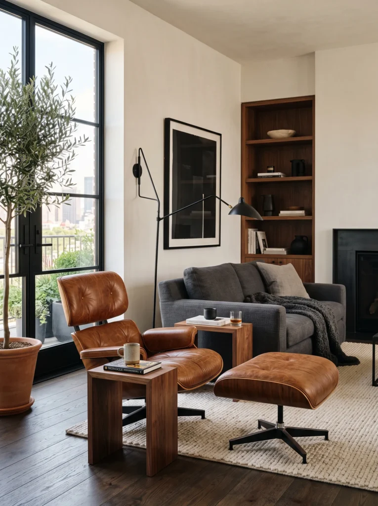 Cognac leather lounge chair beside a charcoal sofa in a masculine living room