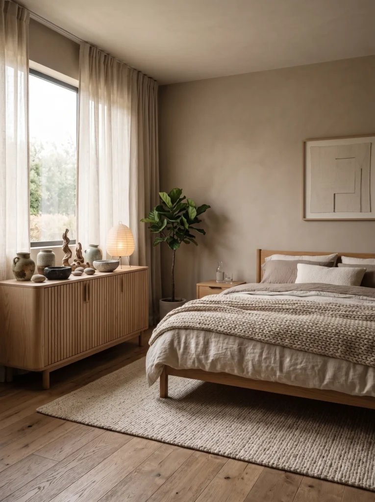  Curated collection of ceramic vessels and stone bowls on a wooden console