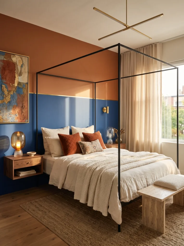 cobalt and terracotta color block wall behind a black canopy bed with floating nightstands