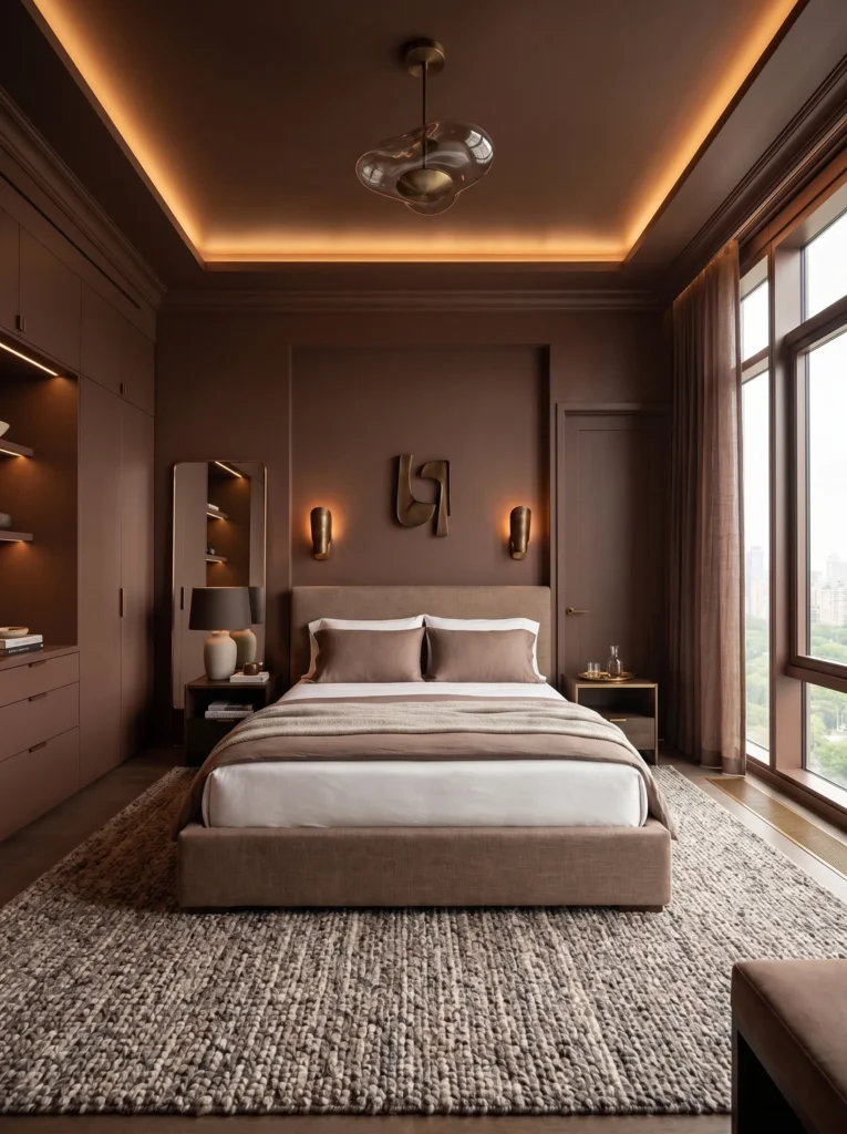 Color-drenched cocoa brown bedroom with matching walls and ceiling