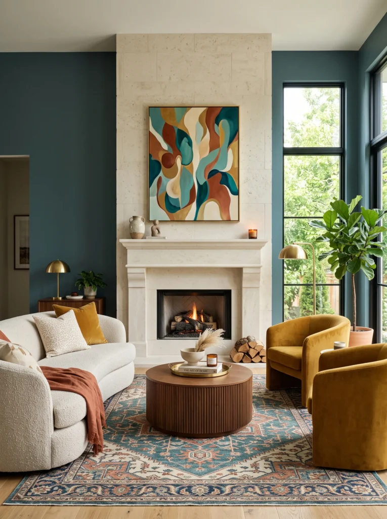 deep teal wall behind an ivory limestone fireplace