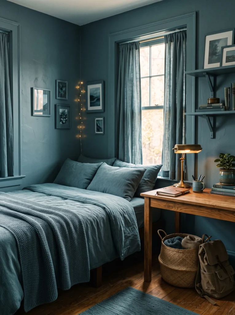 Dorm corner color-drenched in smoky blue-green tone with matching walls, trim, and bedding — dorm room color ideas for guys.