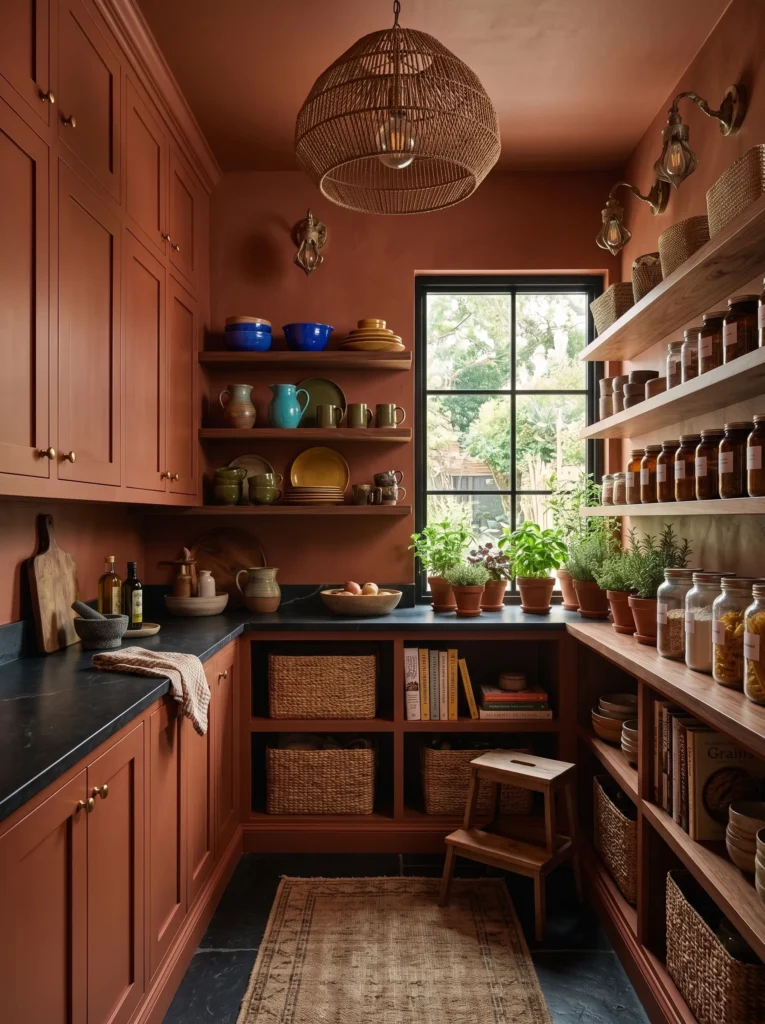 Modern boho kitchen decor color-drenched pantry in rich cinnamon clay with walnut shelves and artisan ceramics.
