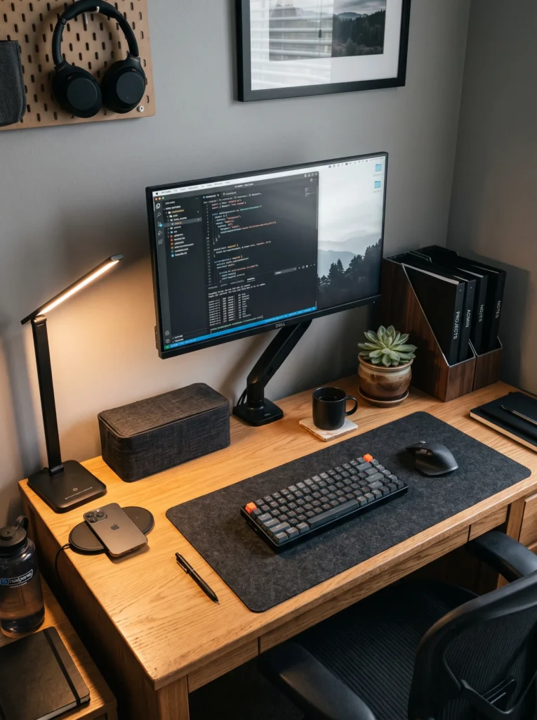Organized dorm desk setup with monitor arm, wireless charging pad, and vertical file organizer — dorm room desk ideas for guys.