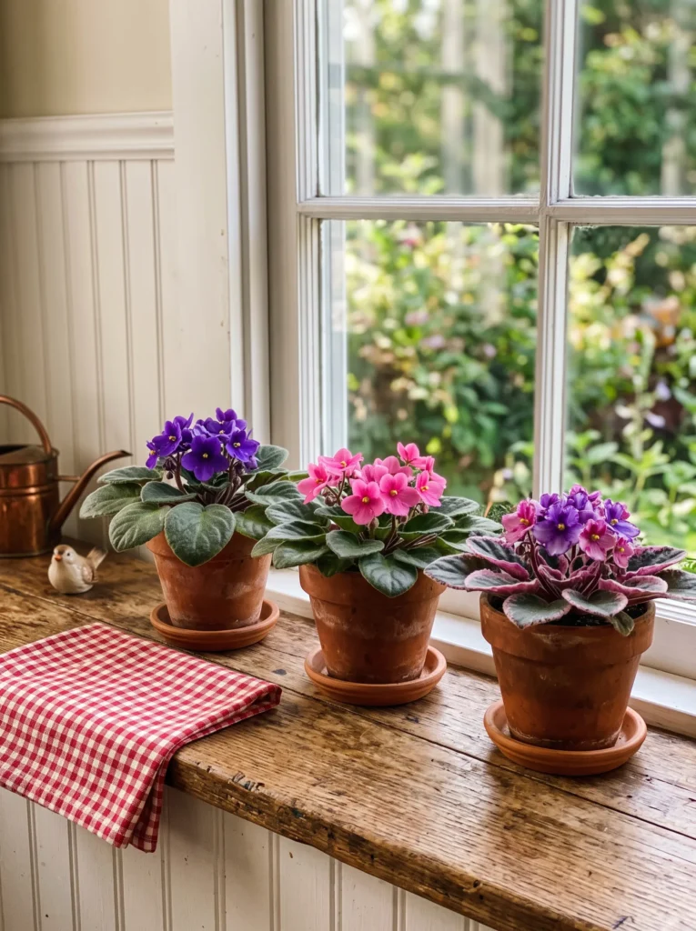 Three African violets with purple and pink blooms in small terracotta pots on a farmhouse windowsill