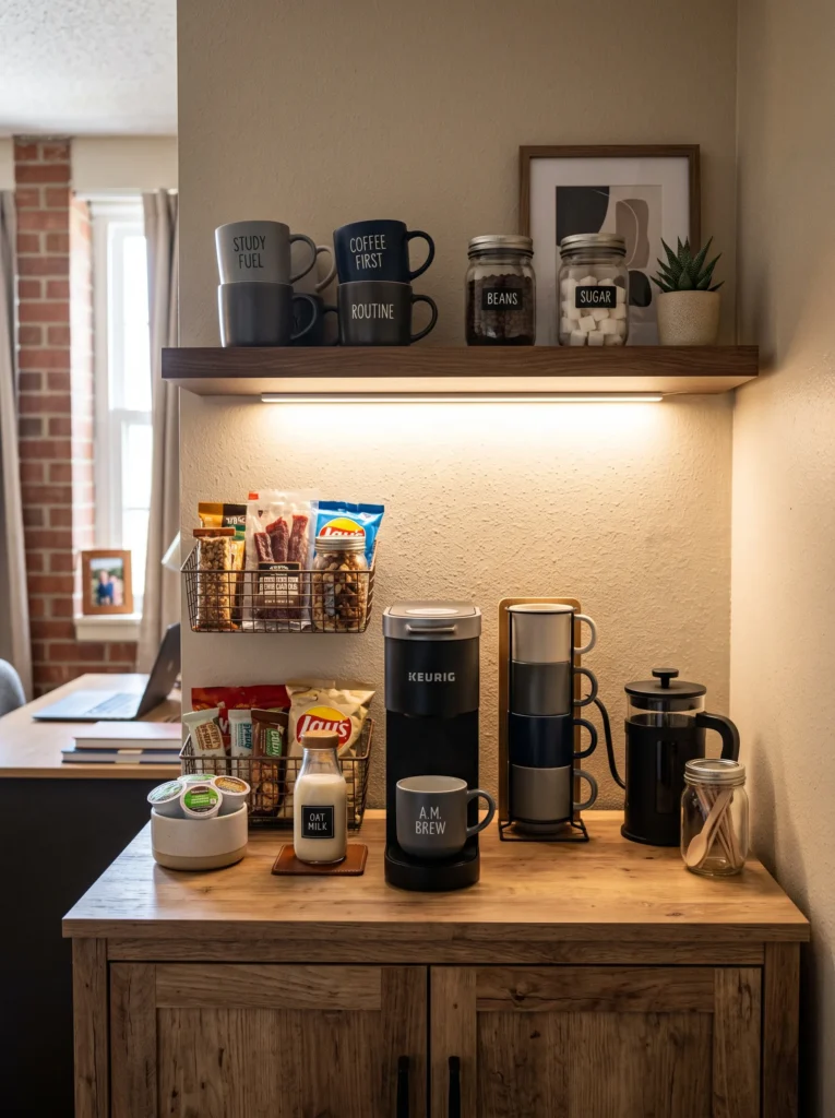 Small dorm coffee station on a wood cabinet with compact coffee maker and stacked mugs — dorm room organization ideas for guys.