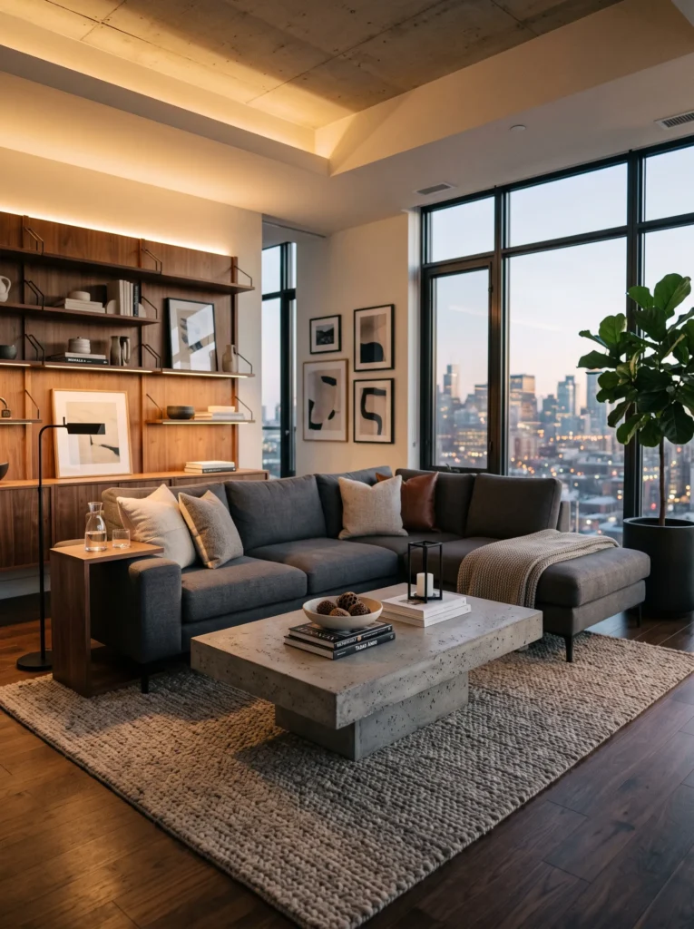 Rectangular concrete coffee table in a sleek, modern, masculine living room