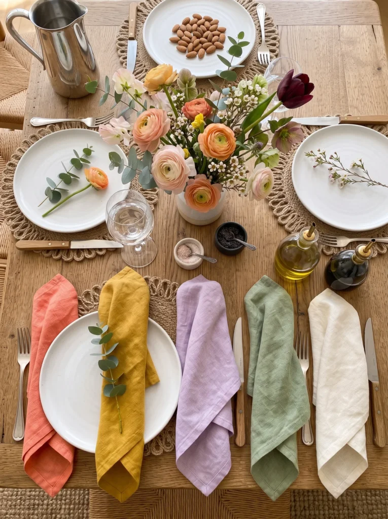 Mismatched colorful linen napkins in coral, mustard, and lavender on white plates