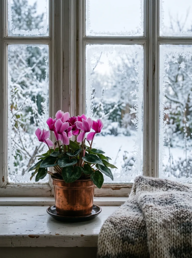 Cyclamen with pink and magenta blooms in a copper pot on a frosty winter windowsill
