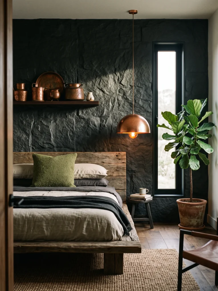 Basalt stone accent wall with clustered copper vessels in a retreat bedroom
