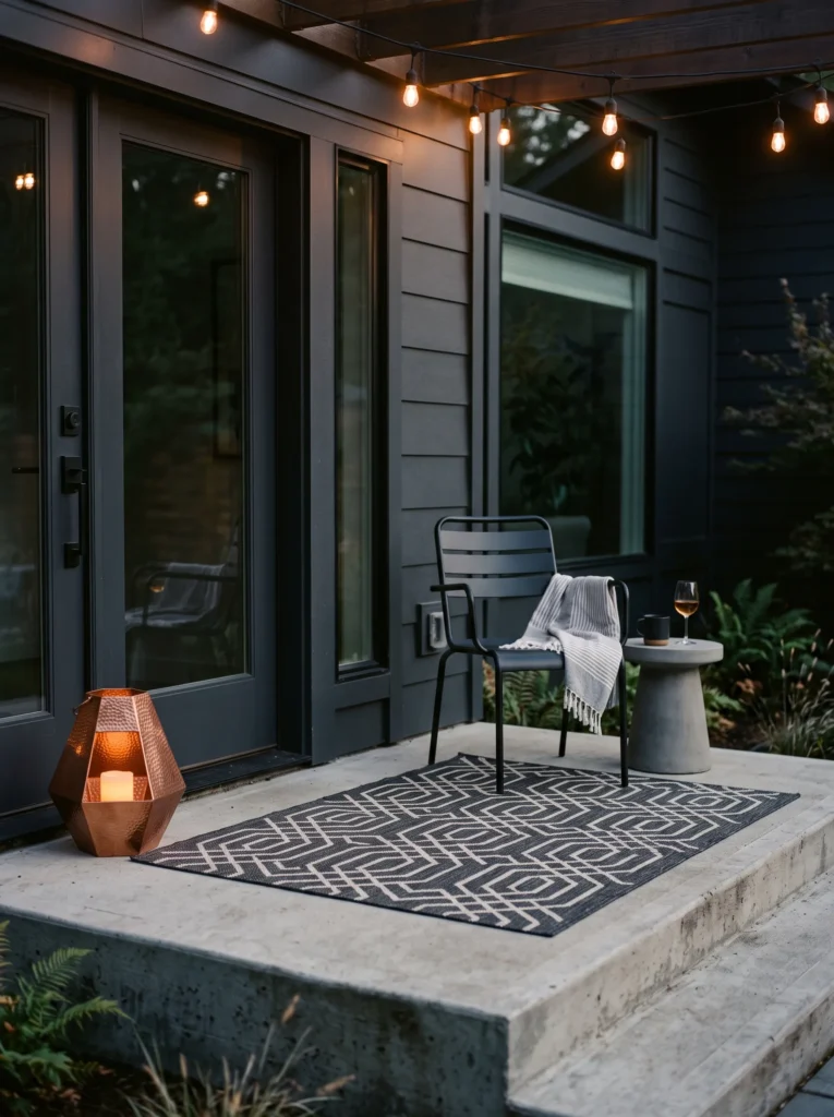Charcoal geometric rug and copper lantern on a modern concrete porch