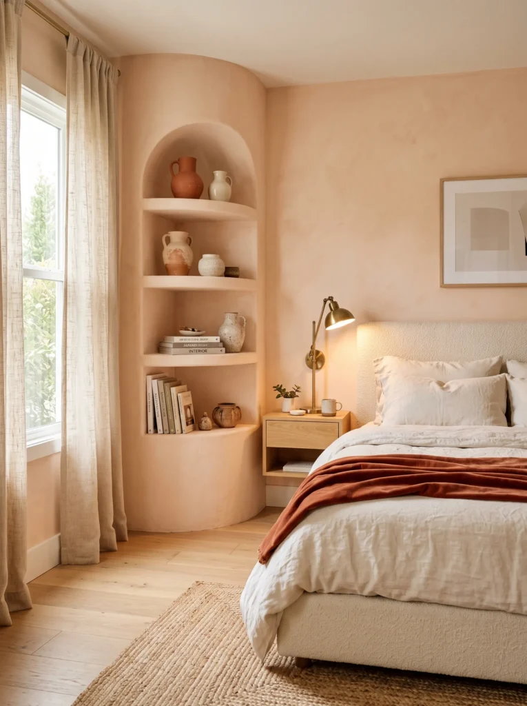 coral sunset accent corner with curved built-in shelving and a brushed brass reading lamp